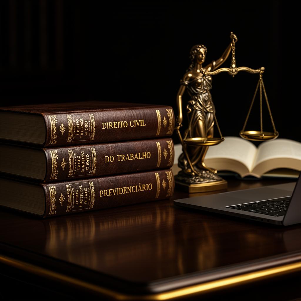 Livros de Direito Civil, Trabalho e Previdenciário com balança da justiça